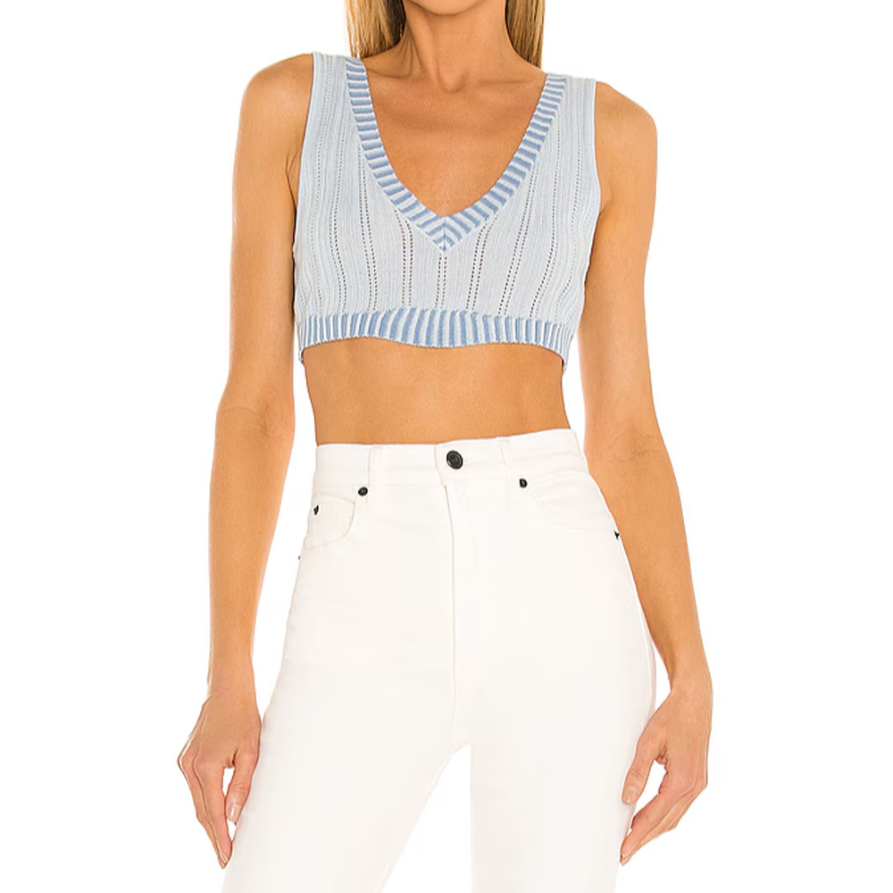 REVOLVE For Love & Lemons Open Ribbed Y2K PREPPY V Neck Crop Top Blue S A004534